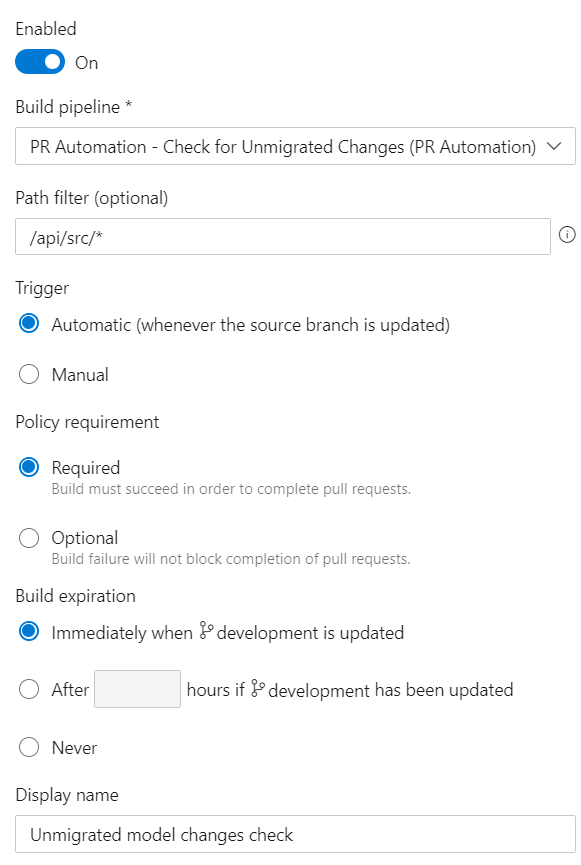 The ADO branch policy configuration screen showing the pipeline being configured to be a required PR check